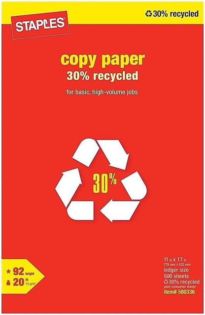 Staples 30% Recycled 11x17 Paper 20 lbs 92 Bright 500/Ream, For Office, School & Home
