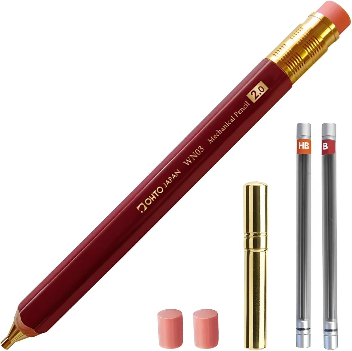 WN03 Wooden Mechanical Pencil Set, 2.0mm Extra Bold, Thick Barrel, Incense Cedar Dark Red Pencil with Lead Refills (HB, B), Eraser Refills, and Brass Sharpener for Writing, Sketching, Drawing