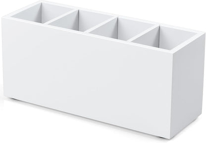 Bivvclaz Pencil Pen Holder for Desk, Wooden Office Desk Organizers and Accessories with 4 Slots for Countertop, Makeup Brush Holder Organizer for Bathroom Vanity, Silverware Caddy for Party, White