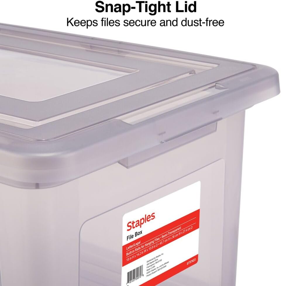 STAPLES Plastic File Box with Snap Lid, Letter/Legal Size, Clear, 4/Carton