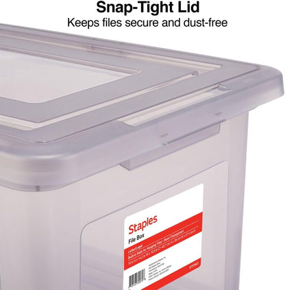 STAPLES Plastic File Box with Snap Lid, Letter/Legal Size, Clear, 4/Carton