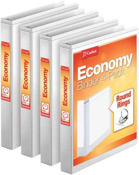 Cardinal 2 Inch 3 Ring Binders, White, 4 Pack, Round Ring Binder, Holds 475 Sheets, PVC Free, Customizable Covers, 2 Pocket View Binders for Office and School Organization