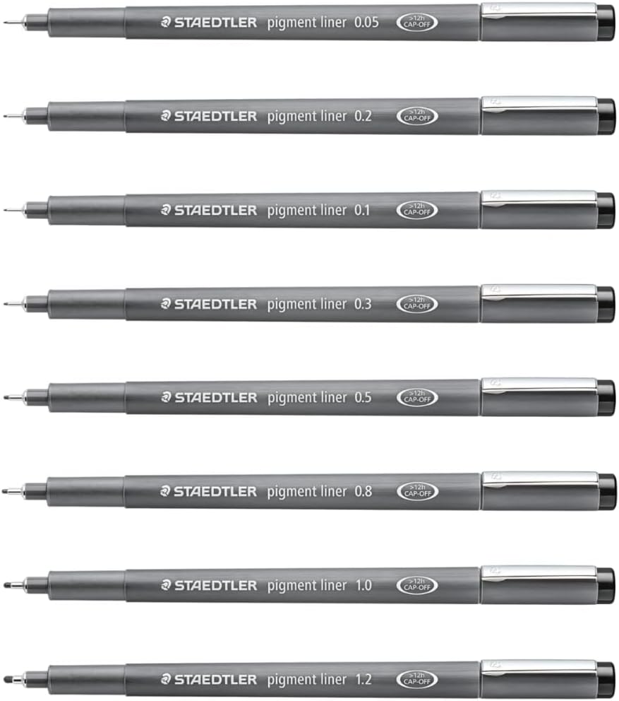Staedtler Pigment Liner Pack, Black, 8 Pens, Assorted Line Widths, 0.05mm, 0.1mm, 0.2mm, 0.3mm, 0.5mm, 0.8mm, 1.0mm, 1.2mm