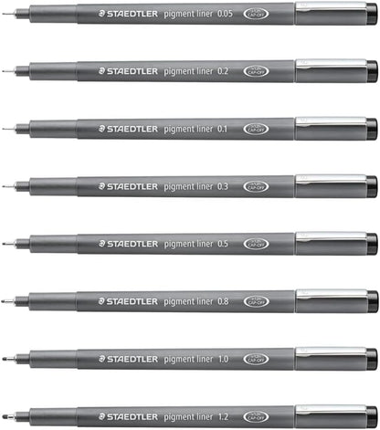 Staedtler Pigment Liner Pack, Black, 8 Pens, Assorted Line Widths, 0.05mm, 0.1mm, 0.2mm, 0.3mm, 0.5mm, 0.8mm, 1.0mm, 1.2mm