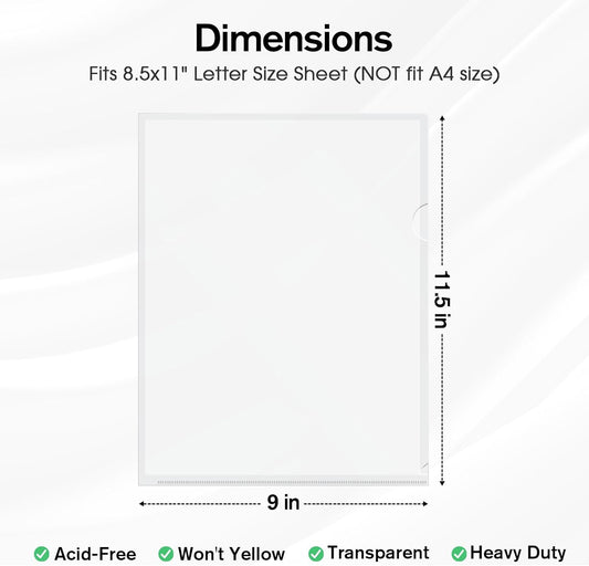 KTRIO Clear Folders Sleeves Plastic Documents Project Pockets 12 Pack, Fits Letter Size 8.5x11 Paper, L-Shaped File Jackets, Acid-Free Poly Plastic, Transparent