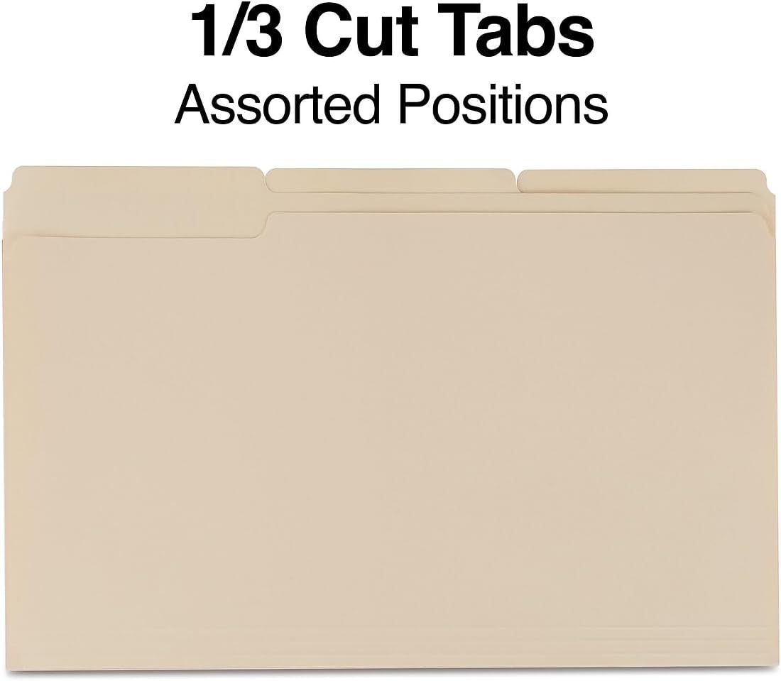 Staples Recycled File Folders, Legal Size, 1/3‑Cut Tabs, Manila, 30% Recycled Paper Stock, 100/Box