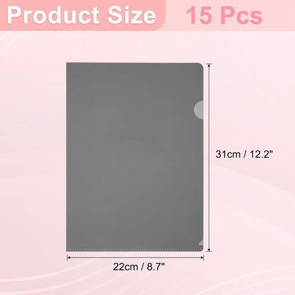 PATIKIL A5 Plastic Folders, 15 Pack Clear Folders L Type Project Pockets Paper Document Jacket Sleeves L Shaped Transparent for Documents Plastic Office File, 6.3x8.8in, Gray