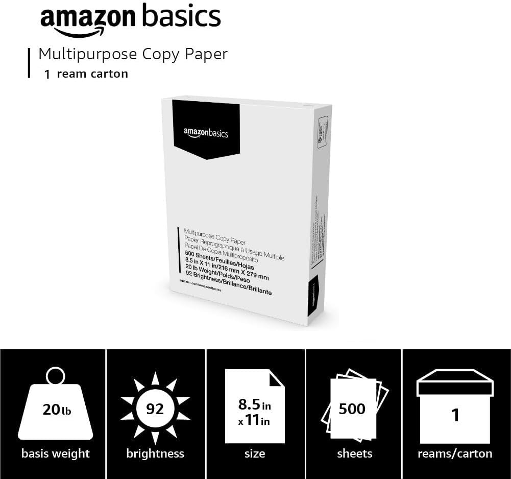 Amazon Basics Multipurpose Copy Printer Paper, 20 lb, 8.5 x 11 Inches, 10 Reams (5,000 Sheets), 92 Bright White