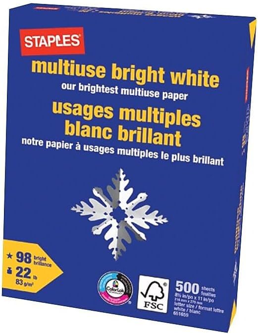 Staples 8.5-Inch x 11-Inch Multipurpose Paper 22 lbs 98 Brightness 500/RM 10 RM/CT
