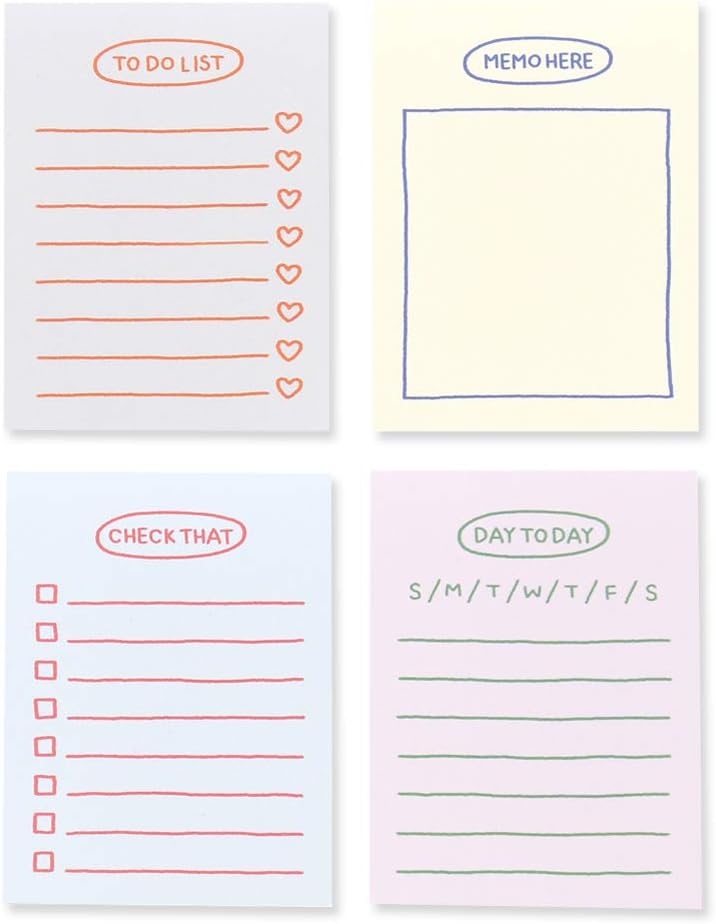 Monolike Memopad Memories design B SET - 4 Packs, 4 Different Designs, 100 Sheets Per Pad, Total 400 Sheets, Note pads, Writing pads, 3.15 x 4.17 Inches