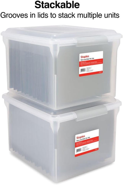 STAPLES Plastic File Box with Snap Lid, Letter/Legal Size, Clear, 4/Carton