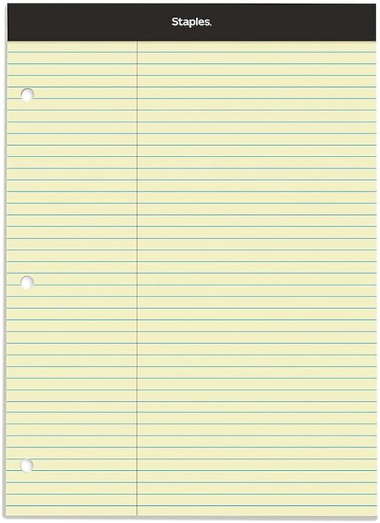 STAPLES 3‑Hole Double Pad, 8.5” x 11.75”, Law Ruled, Canary, 3” Margin