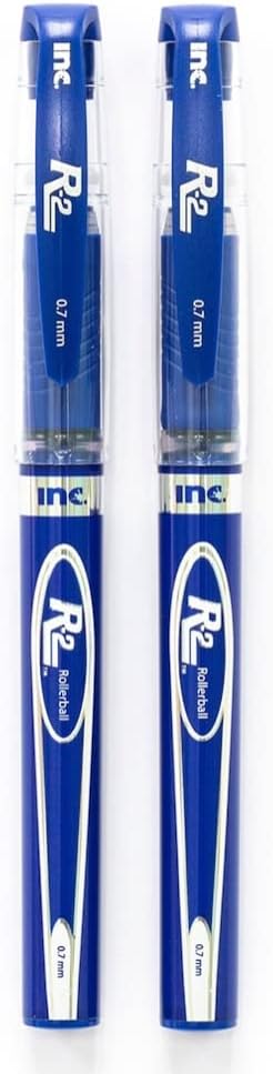INC 0.7 mm R-2 Roller Ball Pen,Controlled Ink Flow System, Blue Ink, Comfort Grip, 2 pack