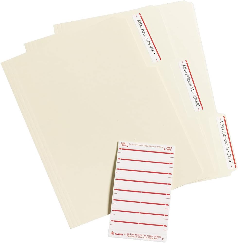 Avery File Folder Labels on 4" x 6" Sheets, Easy Peel, White/Red, Print & Handwrite, 2/3" x 3-7/16", 252 Labels (5201)
