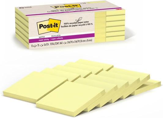 Post-it 100% Recycled Paper Super Sticky Notes, 3 in. x 3 in., 12 Pads, 70 Sheets per Pad, Wanderlust Pastels, School Supplies and Office Products