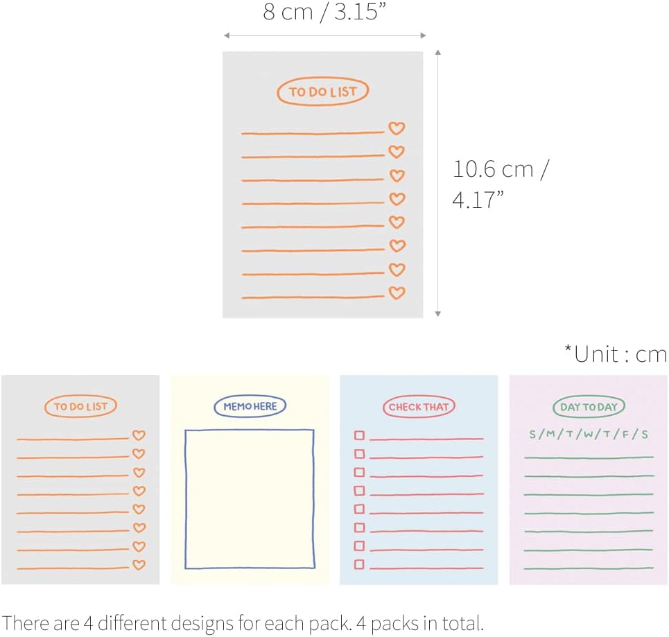 Monolike Memopad Memories design B SET - 4 Packs, 4 Different Designs, 100 Sheets Per Pad, Total 400 Sheets, Note pads, Writing pads, 3.15 x 4.17 Inches
