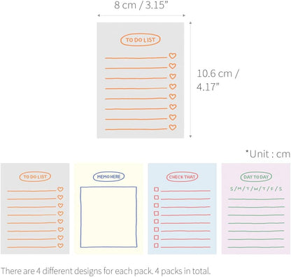 Monolike Memopad Memories design B SET - 4 Packs, 4 Different Designs, 100 Sheets Per Pad, Total 400 Sheets, Note pads, Writing pads, 3.15 x 4.17 Inches