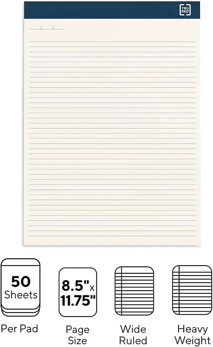 TRU RED Notepads, 8.5” x 11.75”, Wide Ruled, Canary, 50 Sheets/Pad, 12‑Pack