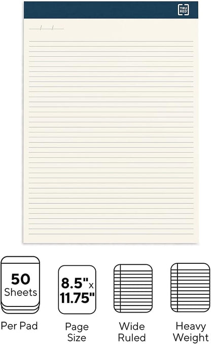 TRU RED Notepads, 8.5” x 11.75”, Wide Ruled, Canary, 50 Sheets/Pad, 12‑Pack