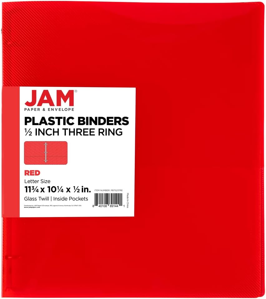JAM PAPER Plastic 0.75 inch Binder - Clear 3 Ring Binder - Sold Individually