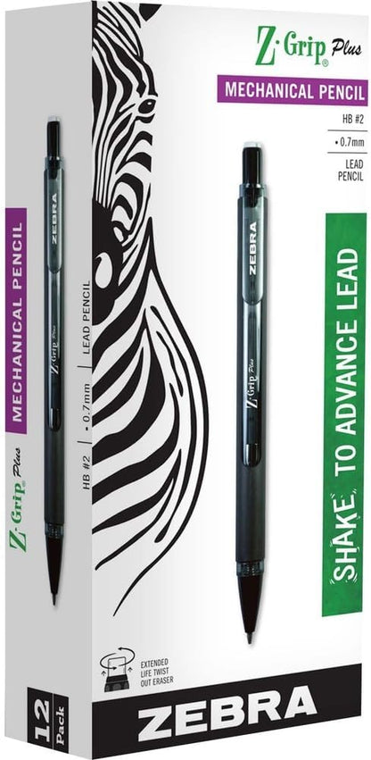 Zebra Pen, Z-Grip Mechanical Pencil, Smooth Writing, Latex-Free Grip, 0.7mm Lead, #2 HB, Pre-Loaded with Lead and Eraser, for School, Office, Everyday Use, Refillable, Clear Barrel, 24-Pack, (15241)