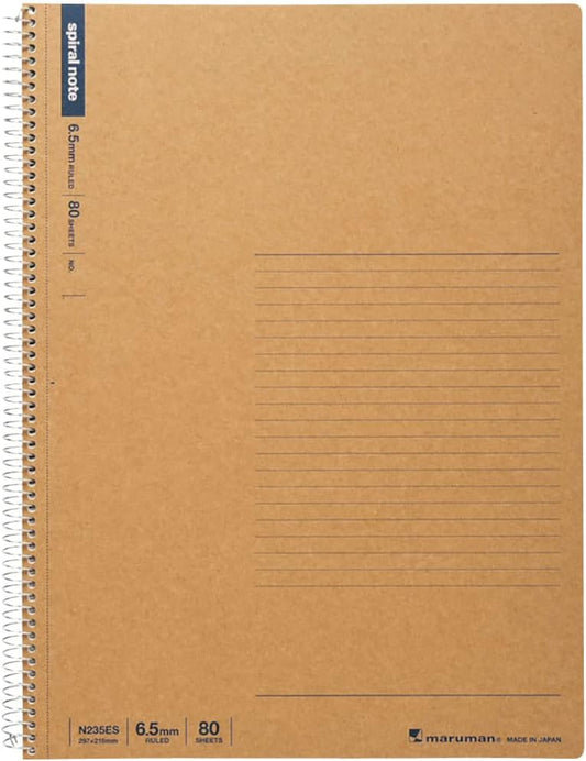 Maruman Spiral Note Basic Lined Notebook- A4, 11.69" x 8.98", 80 Sheets / 160 Pages, 6.5mm Narrow Ruled Journal, Perforated Pages & Wire-Bound to Lay Flat, Sturdy Kraft Cover, Made in Japan