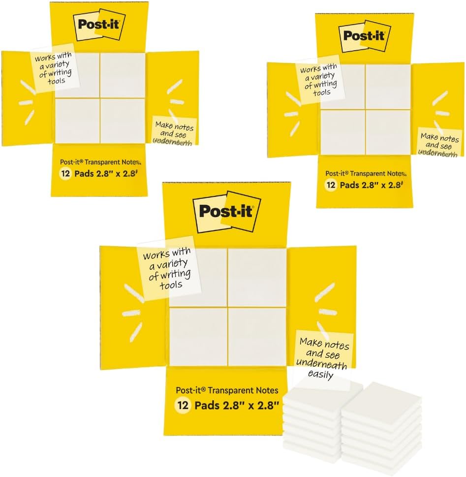 Post-it Transparent Notes, 2.8 in. x 2.8 in., Blue, Pink, Green and Orange Sticky Notes, School Supplies, Office Products, Great for Studying, 8 Pads