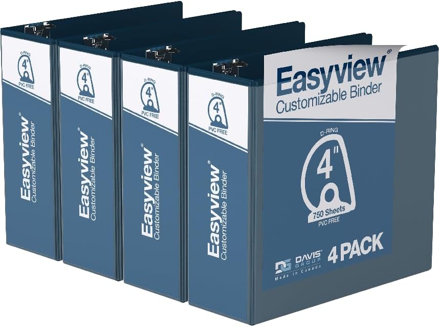 Easyview Premium 3-Ring Binders with Clear-View Covers and D Rings, Binders for School or Office, 5 Inch, Pack of 4, White