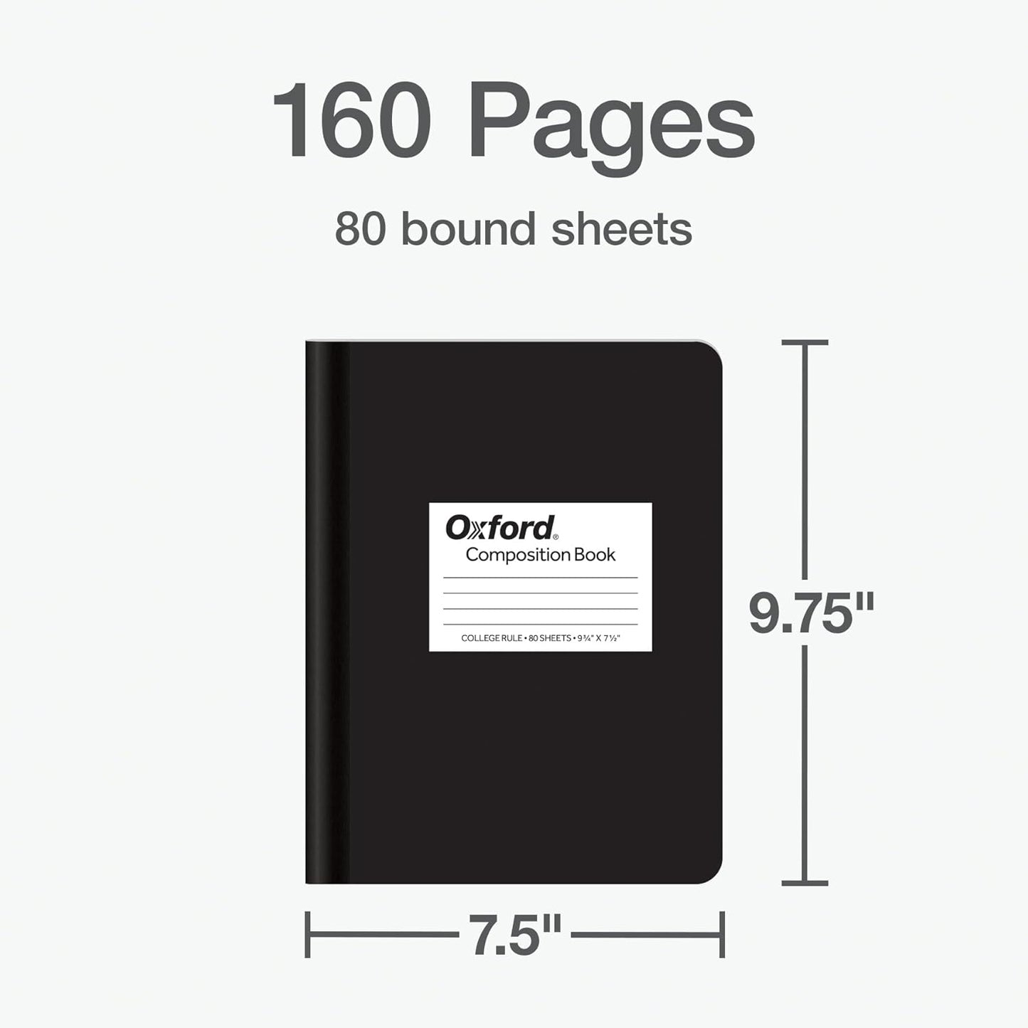 Oxford Composition Notebook 12 Pack, School Supplies, Notebooks for School, Writing Journals, College Ruled Paper, Note Taking Book, 7.5 x 9.75 Inches, 80 Sheets, Black Covers (63945)