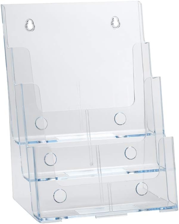 Azar Displays 252376 Four Tier, Four Pocket Letter Brochure File Holder for Flyer, Office Supplies, Paper Document or Magazines, Clear Organizer for Wall and Counter Desktop Stand, 8.5" x 11"