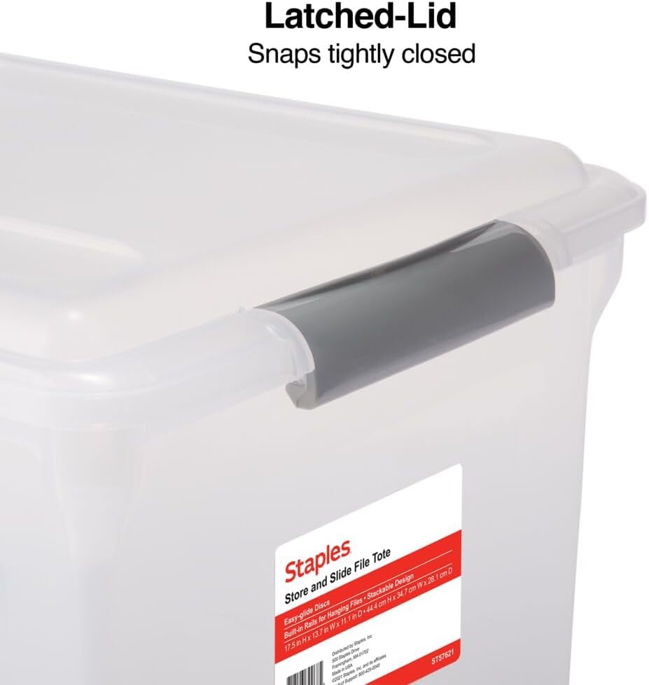 STAPLES Plastic File Box with Snap Lid, Letter/Legal Size, Clear, 4/Carton