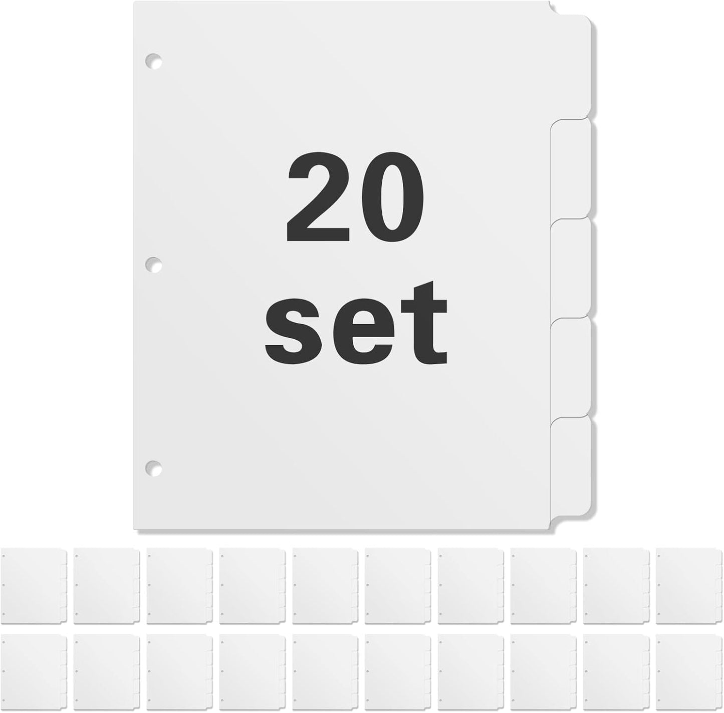3 Ring Binder Dividers with 5-Tabs for Letter Size, 1/5 Cut, 3-Hole Punched, Write & Erase Plastic Binder Dividers Extra Durable Section Index Dividers for Binders, Pack of 2 Sets, 10 Dividers Total
