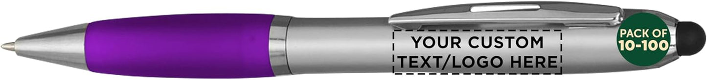DISCOUNT PROMOS Custom Stylus Ballpoint Pens Set of 10/50/100, Personalized Bulk Pack - Black Ink, Great for Office, School, Business, Tradeshows, Events - Purple