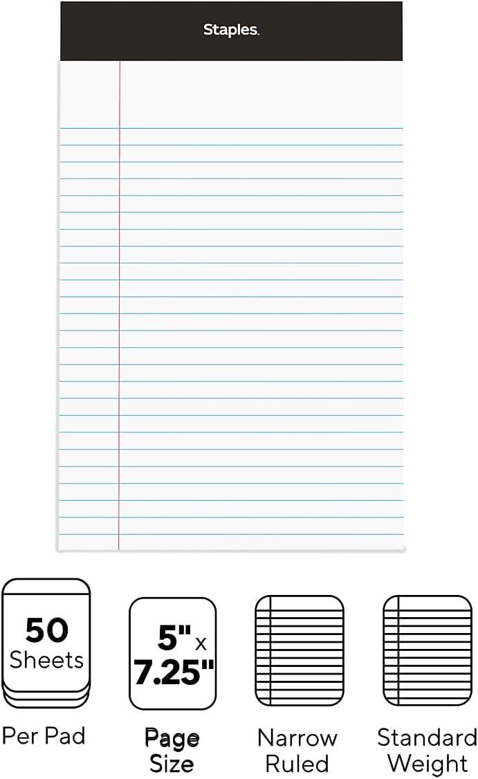 STAPLES Notepads, 5” x 8”, Narrow Ruled, White, 50 Sheets/Pad, 12‑Pack