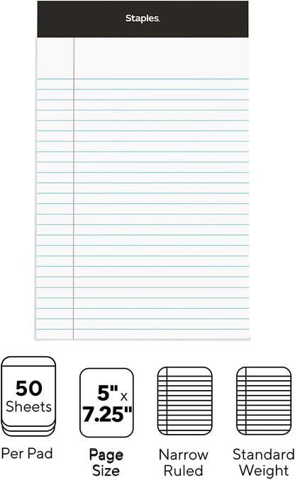 STAPLES Notepads, 5” x 8”, Narrow Ruled, White, 50 Sheets/Pad, 12‑Pack