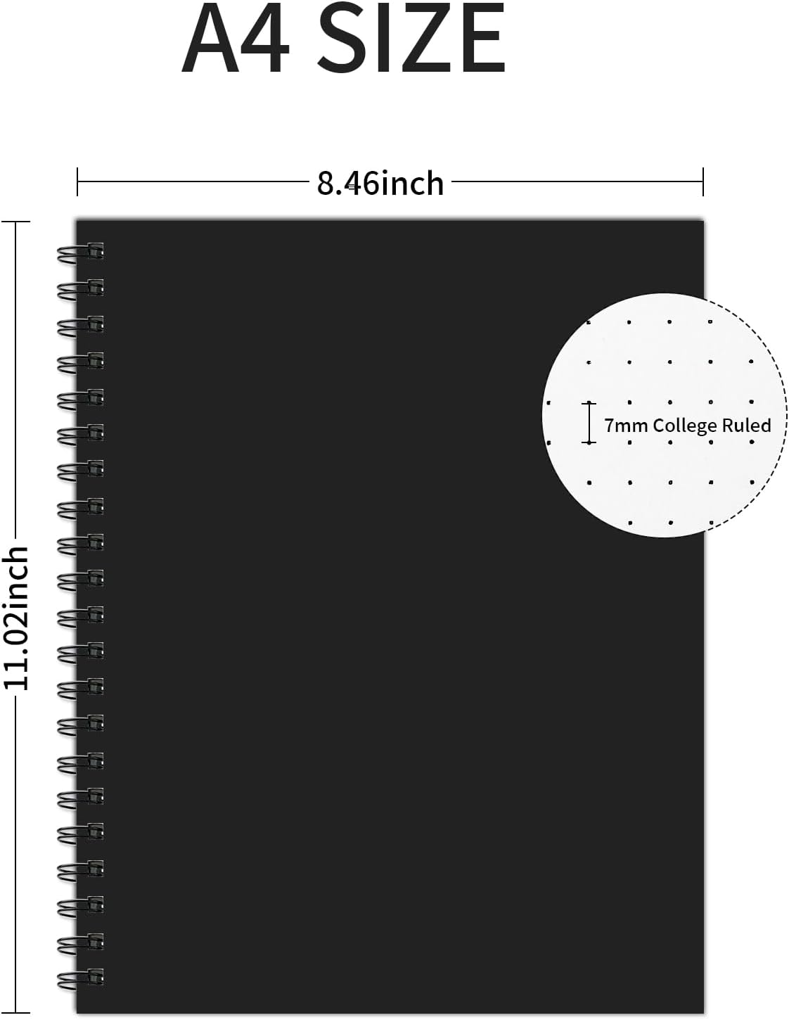 Lined Spiral Notebook A4 Large Black Journal 8.5" x 11"-4 Pack 7mm College Ruled Hardcover Notebooks 160 Pages 100GSM Thick Paper for Note Taking School Office Supplies