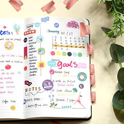 Outus 24 Pieces Monthly Adhesive Tabs for Planner - Designer Accessories Monthly Tabs Stickers Decorative for Office Planners Organizations Sturdy Notebook Planners Journal(Black)