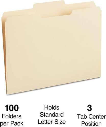 Staples 1/3‑Cut File Folders, Letter Size, Center Tab Position, Manila, Durable Paper Stock, 100/Box
