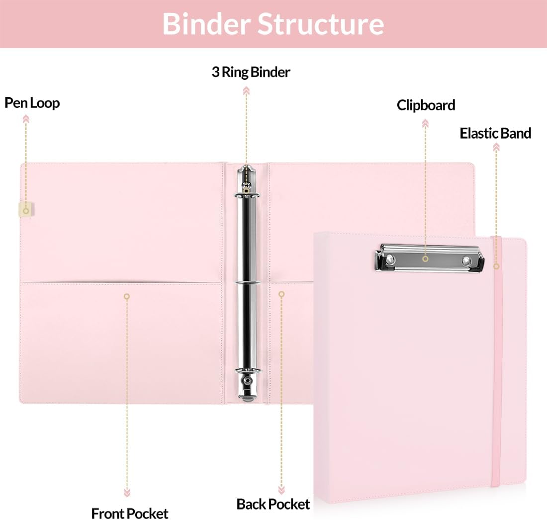 SKYDUE 3 Ring Binder with Clipboard,1 Inch Binder, 13.2" × 10.2" PU Clipboard Binder with Notepad & 5 Dividers with 5 Pockets, Labels, Clipboard Folder Great for School Office(Fit Letter Sized Paper)