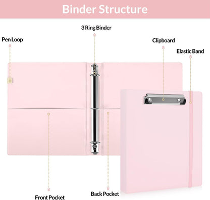 SKYDUE 3 Ring Binder with Clipboard,1 Inch Binder, 13.2" × 10.2" PU Clipboard Binder with Notepad & 5 Dividers with 5 Pockets, Labels, Clipboard Folder Great for School Office(Fit Letter Sized Paper)
