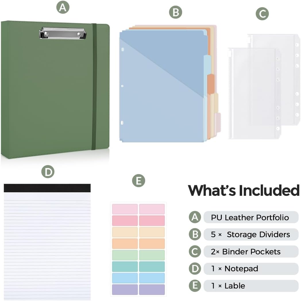 SKYDUE 3 Ring Binder with Clipboard,1 Inch Binder, 13.2" × 10.2" PU Clipboard Binder with Notepad & 5 Dividers with 5 Pockets, Labels, Clipboard Folder Great for School Office(Fit Letter Sized Paper)