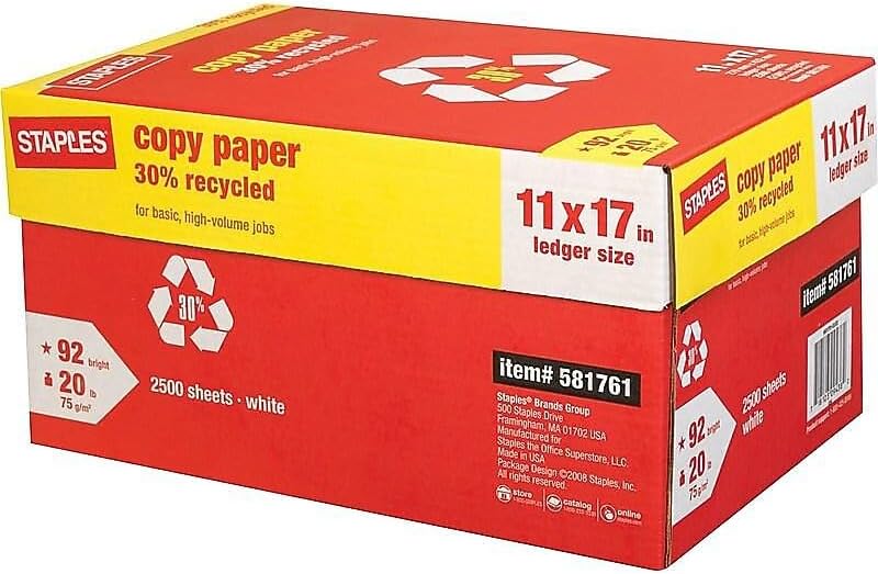 Staples 30% Recycled 11x17 Paper 20 lbs 92 Bright 500/Ream, For Office, School & Home