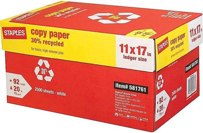 Staples 30% Recycled 11x17 Paper 20 lbs 92 Bright 500/Ream, For Office, School & Home