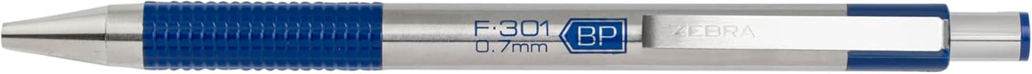 Zebra Pen F-301 Ballpoint Black, Blue, Red and Green Ink, Fine Point 0.7mm Pen, Easy-Glide Ink, Stainless Steel Retractable, Non-Slip Grip, Professional Design, Ideal for Office, 4-Pack (27174)