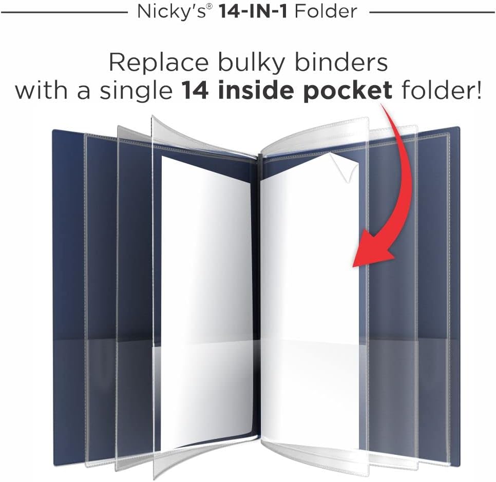 Nicky's® Multi Pocket Organizer, 10 or 14 Page Folder, Water Proof, Patented Tear-Resistant, Flexible Plastic, Proudly Made in USA, Binder Substitute. (10-in-1 Red)