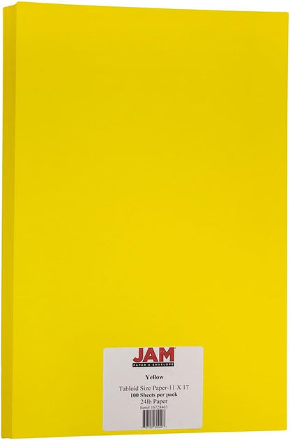 JAM PAPER Ledger Matte 24lb Paper - 90 gsm - 11 x 17 Tabloid - Yellow Recycled - 100 Sheets/Pack