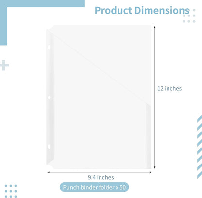 50 PCS Punch Binder Folders,3 Hole Binder Plastic Sleeves,Clear Poly Translucent Slash File Jacket Binder Organizer Pockets for Paper Document