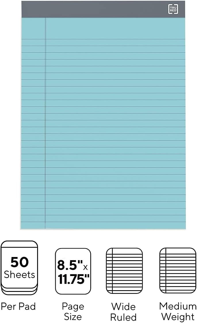TRU RED Notepads, 8.5” x 11.75”, Wide Ruled, Canary, 50 Sheets/Pad, 12‑Pack