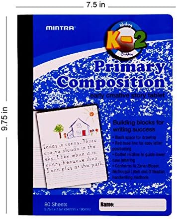 Mintra Primary Composition Notebook, 4 Pack, Assorted Colors 80 Sheets, 7.5in x 9.75in, 1/2 Sheet, Ruled with Drawing Area, Flexible Hardcover Journal, Grades K-2, School & Home Use