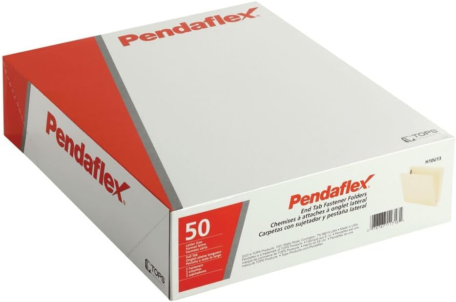 Pendaflex Manila End-Tab Fastener Folders, Letter Size, 2 Fasteners, Manila, Straight Cut, 50/BX (H10U13)